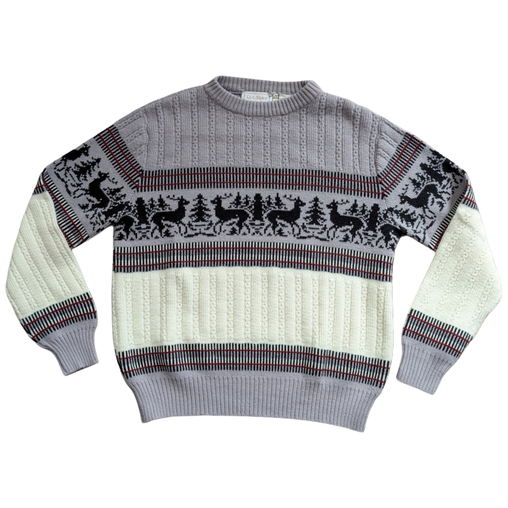 Rob Winter Vintage Grey Black White Reindeer Holiday Crewneck Sweater Medium